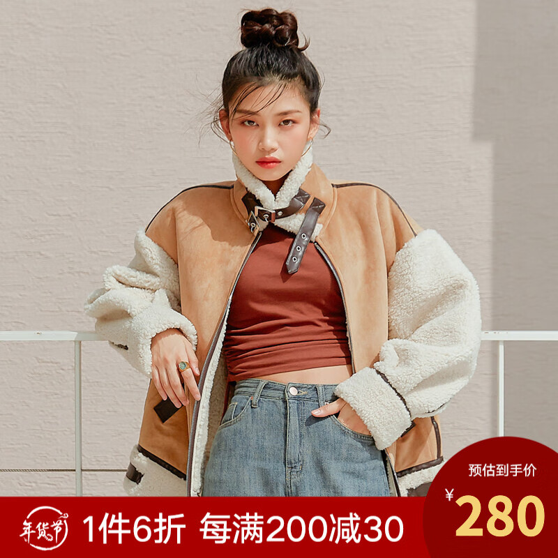 韩都衣舍加厚棉服女机车飞行夹克棉衣夹棉外套女PT9576 卡其色 XS