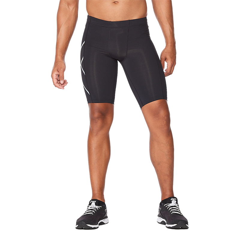 2XU Core系列中度壓縮褲男 專(zhuān)業(yè)運動(dòng)健身跑步訓練速干短褲五分緊身褲 黑/銀反光Logo XS