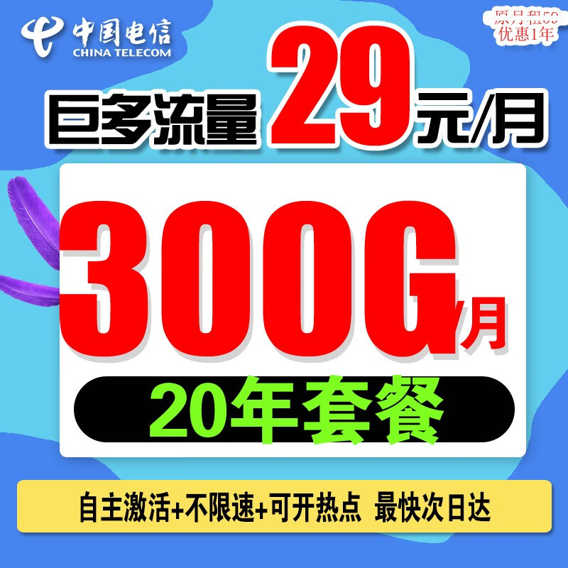 中国电信电信纯流量卡无限量手机卡电话卡5g上网卡学生卡大王卡低月租大流量不限速 【巨王卡】29元包300G全国高速流量+20年套餐