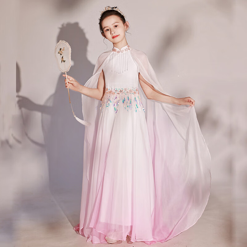 卟先生女童彈古箏演出服中國(guó)風(fēng)超仙古琴演奏合唱服兒童古典舞藝考表演服 漸變粉 110cm