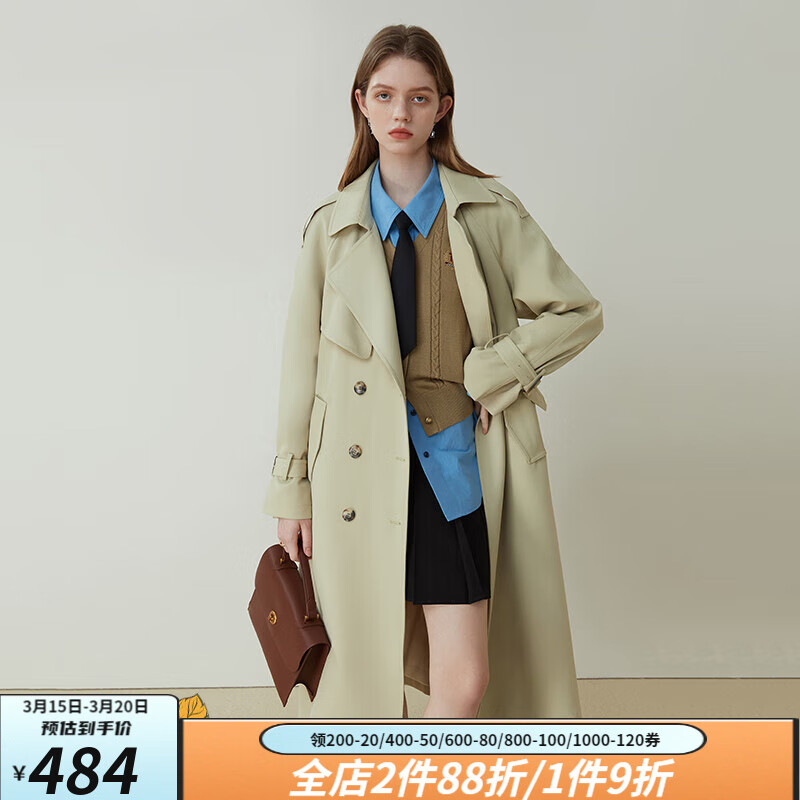 FANSILANEN23FS11161 经典时尚中长款风衣外套女2023春季新款英伦风 浅卡其 S