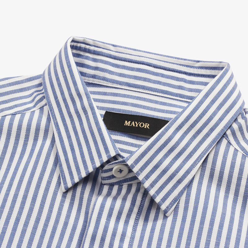 MAYOR男装春季300支棉汉麻桑蚕丝易烫商务蓝条长袖男衬衫 深蓝 38