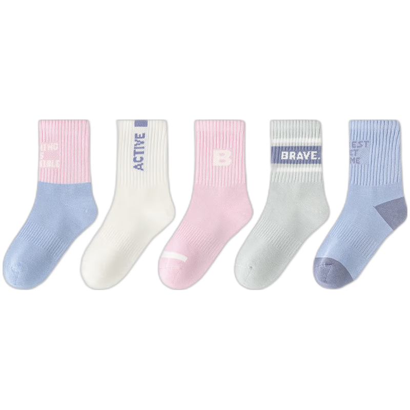 斑比女童春秋运动款棉袜秋冬季中大童女孩跑步儿童中筒袜子 BB23529 儿童秋冬运动款袜子 5双 3-5岁 建议脚码21-26码【16-18】