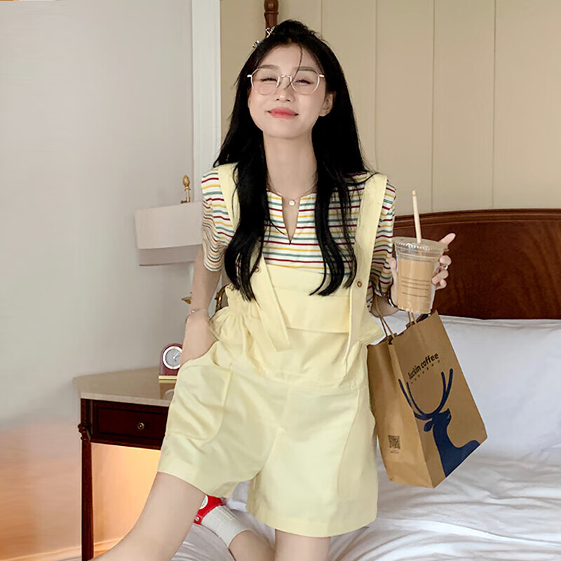 千枫绮背带短裤女中学生黄色背带裤短裤季感小众阔腿裤小个子减龄休