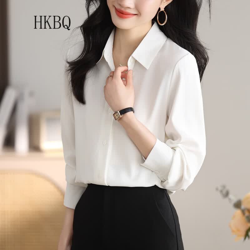 hkbq轻奢实拍职业衬衫女2024春秋新款内搭长袖上衣气质名媛职场通勤ol