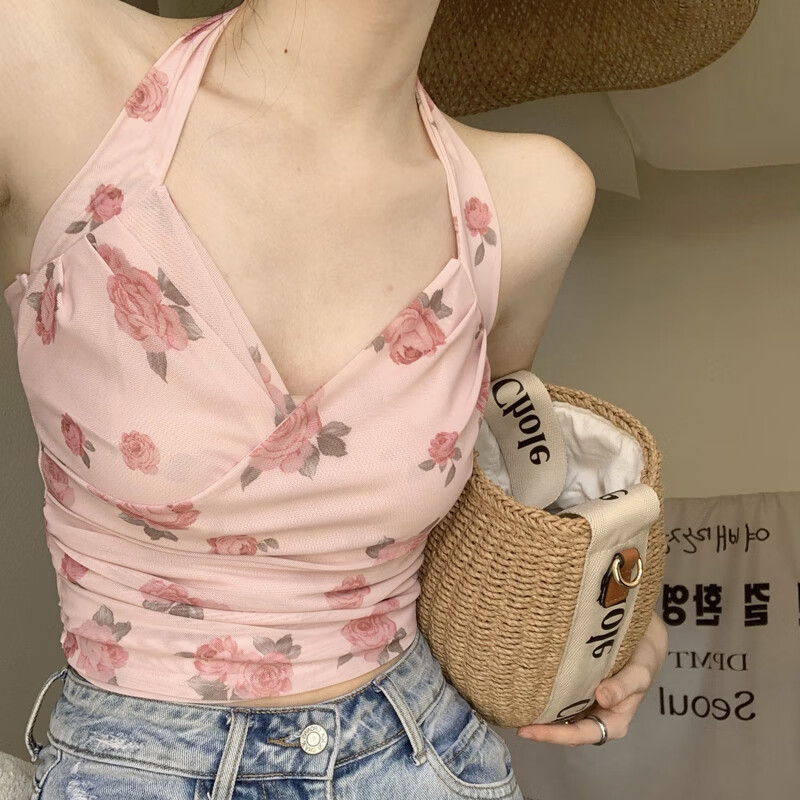 路麦恩玫瑰印花挂脖吊带小背心女装夏季法式甜辣妹性感外穿内搭打底