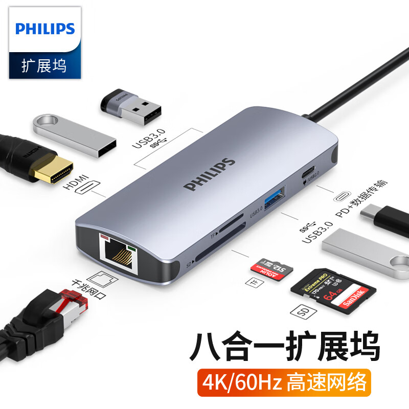 飞利浦Type-C扩展坞USB-C转HDMI拓展坞网口分线器适用手机笔记本苹果电脑4K投屏转换器 8合1【HDMI/PD/网口/读卡】4K60HZ 多功能扩展坞