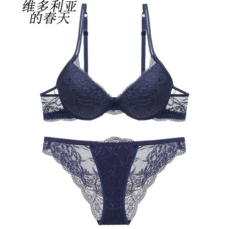 维多利亚的春天蕾丝性感深v小胸聚拢文胸套装女士内衣胸罩 蓝色 80b l