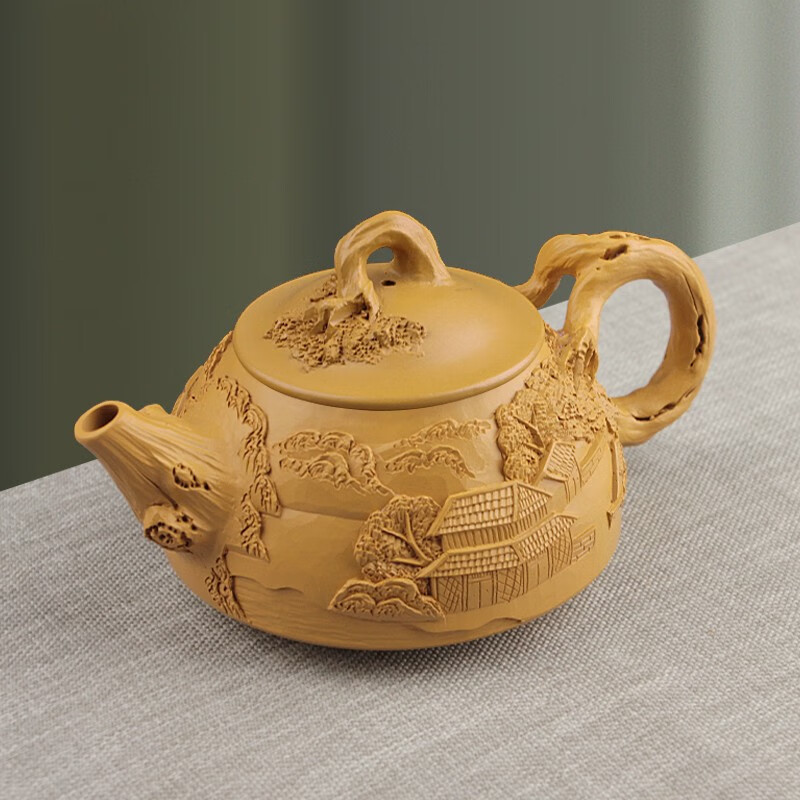 景德镇手拉胚段泥壶山水浮雕单壶原矿紫砂壶家用泡茶单壶功夫茶具配件