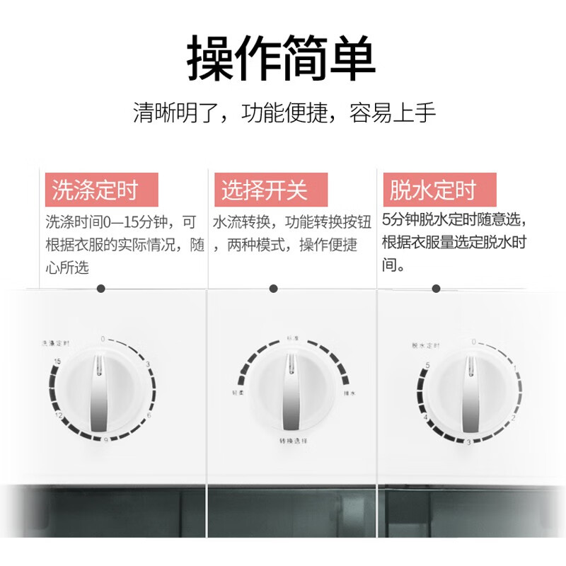 YANGZI扬子10KG大容量双桶双缸波轮洗衣机半自动 小型迷你甩干脱水品质电机 家用宿舍出租房必备 6.5公斤 白色【基础款】