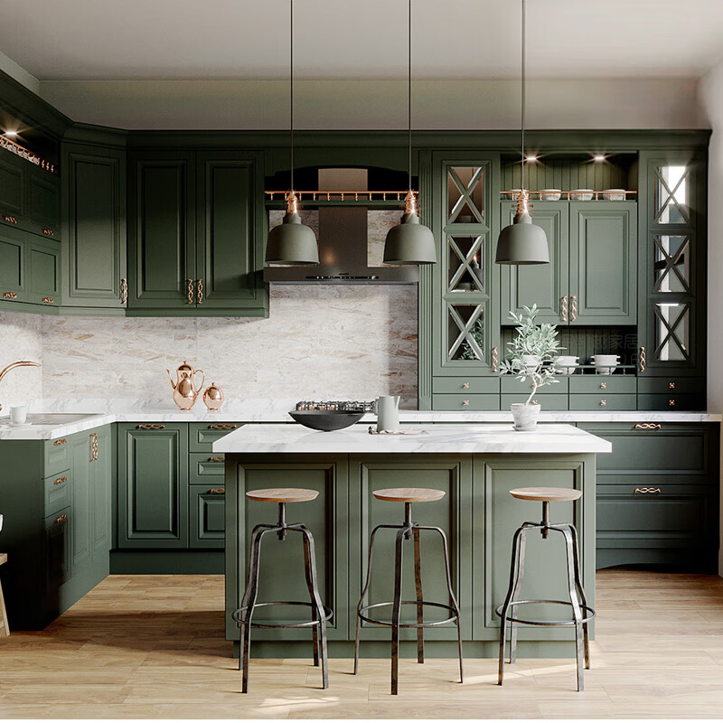 仁聚益美式实木橱柜定做整体厨房橱柜定制轻奢风岛台全屋定制高定