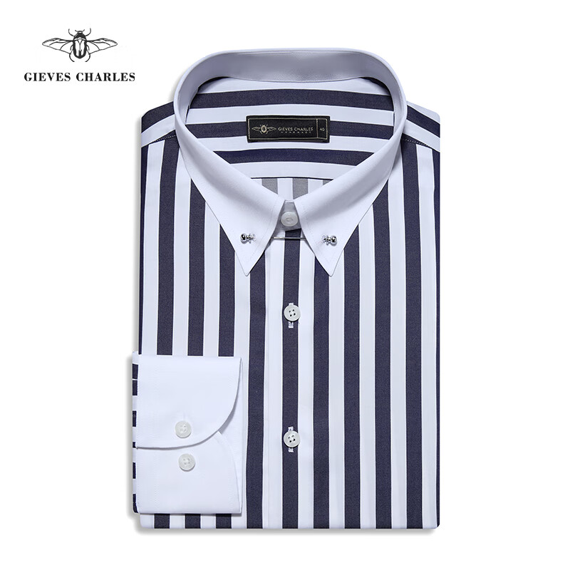 gieves charles皇家蓝条纹纯棉领针衬衫商务易打理帝国领针衬衫男