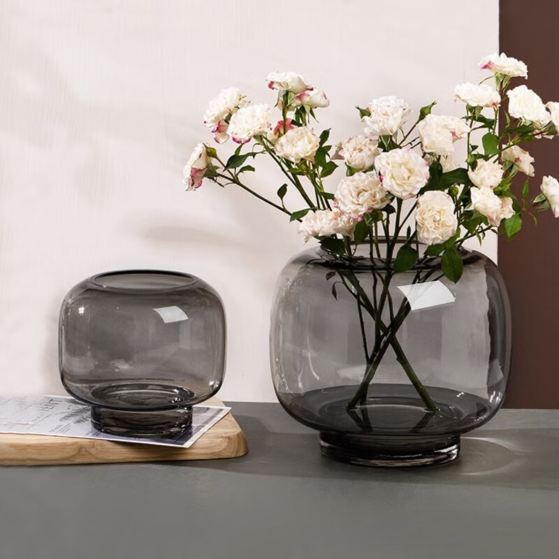 美杜简约现代圆形大口花瓶透明水养插花客厅餐桌玻璃加厚摆件 圆形花