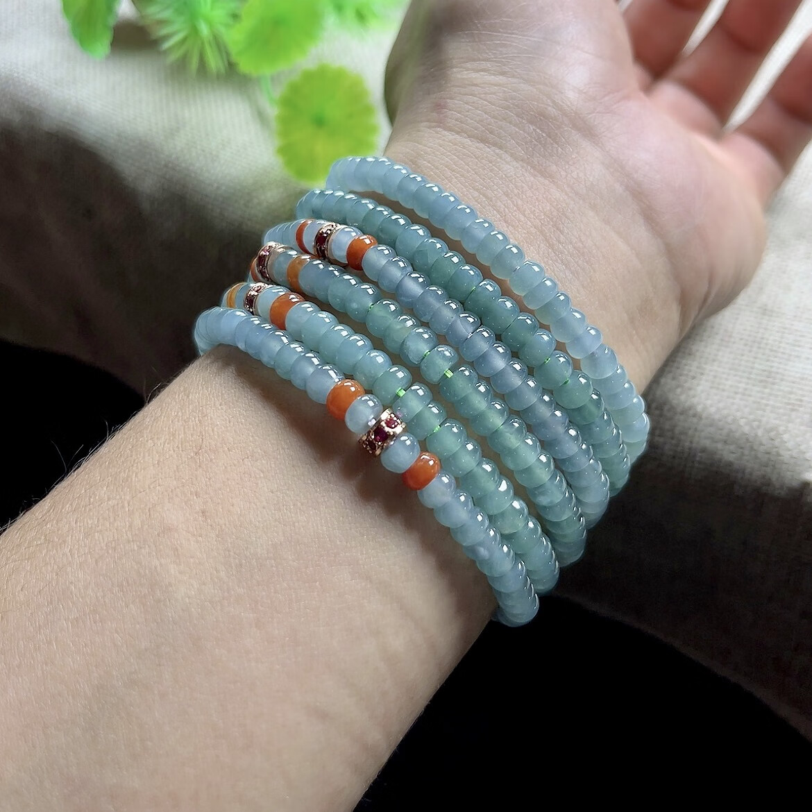 岑枫6mma货冰蓝水绿翡翠手链算盘珠玉手链女士玉珠玉手串 蓝绿