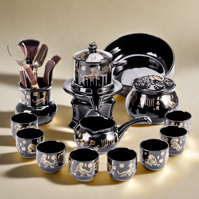 陶夭2024新款半自動(dòng)茶具套裝家用懶人泡茶神器辦公室石磨功夫茶壺茶杯 茶具五虎圖8杯大套組 13頭