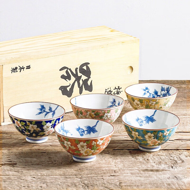 爱悦烧日本进口山茶花陶瓷家用饭碗釉下彩和风简约日式碗碟餐具 山茶花11.5cm小碗套装-木礼盒