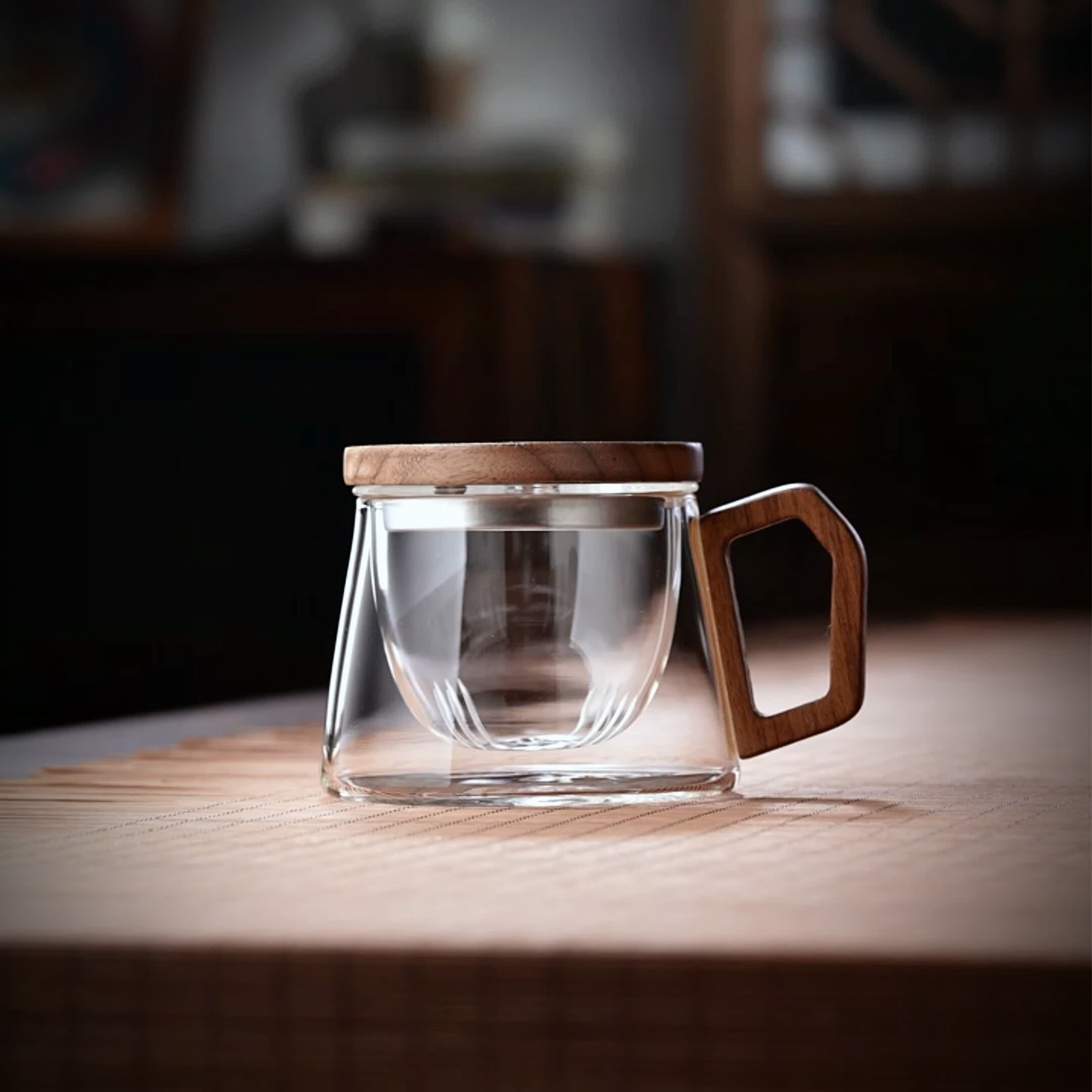 全度办公家用茶水分离泡茶杯玻璃杯子带盖过滤办公杯花茶红茶杯三件杯 灰色木把小茶杯340ml1只
