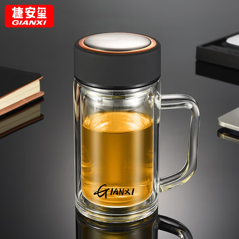 gianxi 玻璃杯双层带把商务办公杯喝水杯男大容量泡茶杯带盖过滤杯子