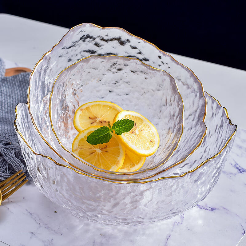 日式金边锤纹玻璃碗蔬菜沙拉碗北欧家用创意大号网红热汤碗水果碗 金边三件套【送6个叉子】