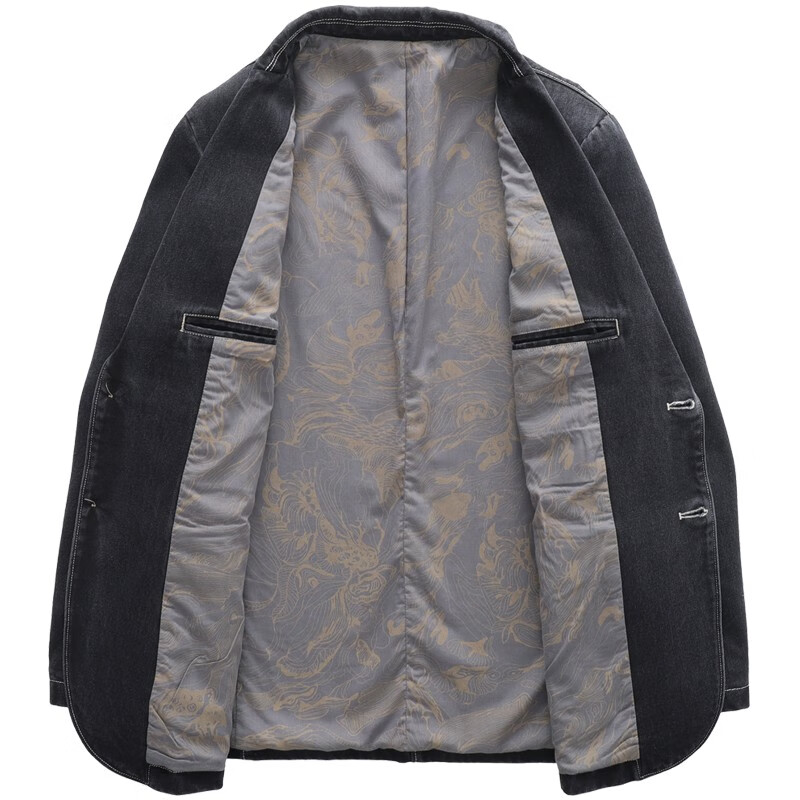 耶罗威西服男外套男新款韩版潮流棉质牛仔西装青年休闲衣服宽松大码外套 古灰色 S 【建议160CM】