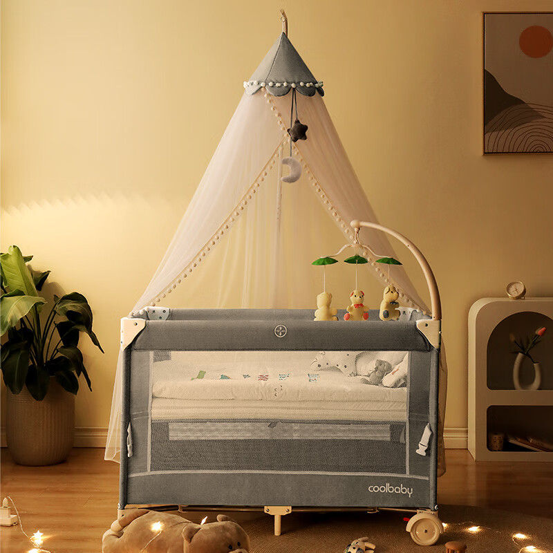 coolbaby婴儿蚊帐带支架家用可升降儿童通用宝宝防蚊罩遮光 安徒生灰