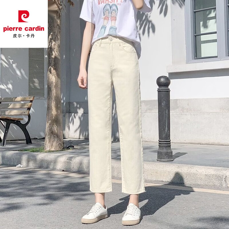 皮尔卡丹(pierre cardin)牛仔裤女装春夏秋季新款韩版高腰韩版显瘦宽松百搭九分直筒烟管裤 白色 XL 【117-128斤】