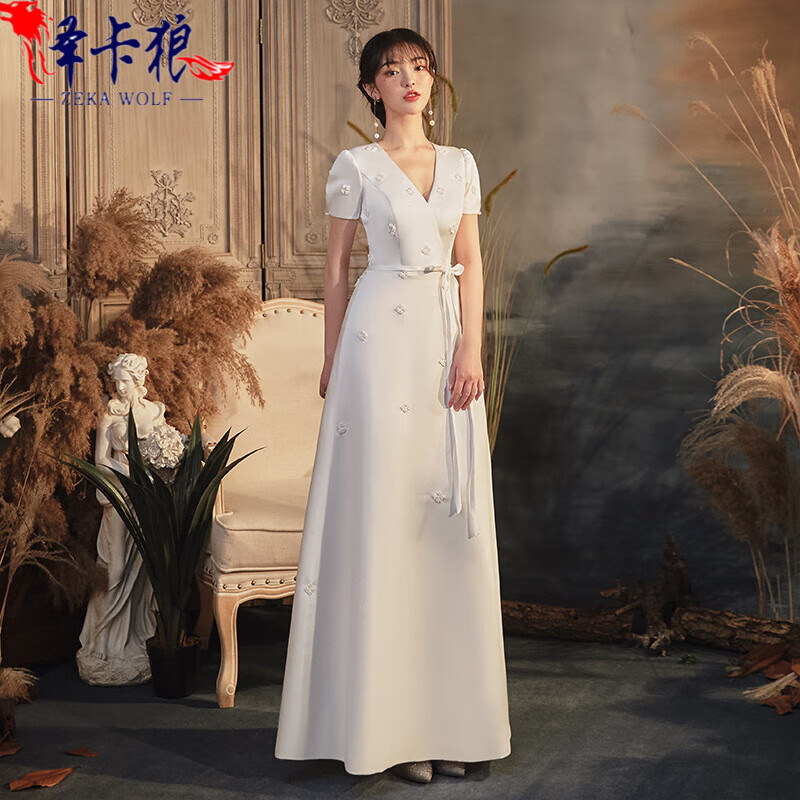 敬酒服新娘平时可穿礼服简单大气小个气质显瘦中国风旗袍婚纱 白色 xs