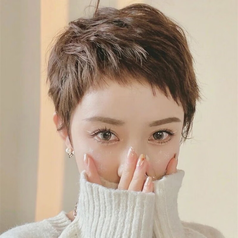 兰俏狗啃刘海假发女短发真发全真人发双递针真发全头套时尚自然短直发