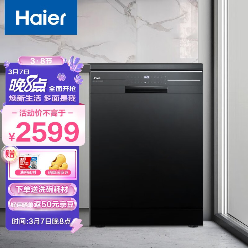 海尔（Haier）洗碗机13套独立式80℃双微蒸汽智能油污感应烘干家用除菌消毒洗碗机 EW139166BK