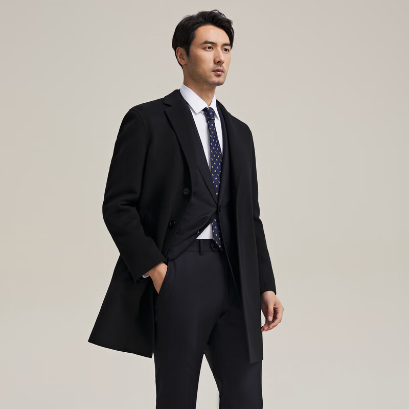 MAYOR男装 冬季Loro piana全羊毛黑色西服领双面呢大衣 黑色 M (170/92A)
