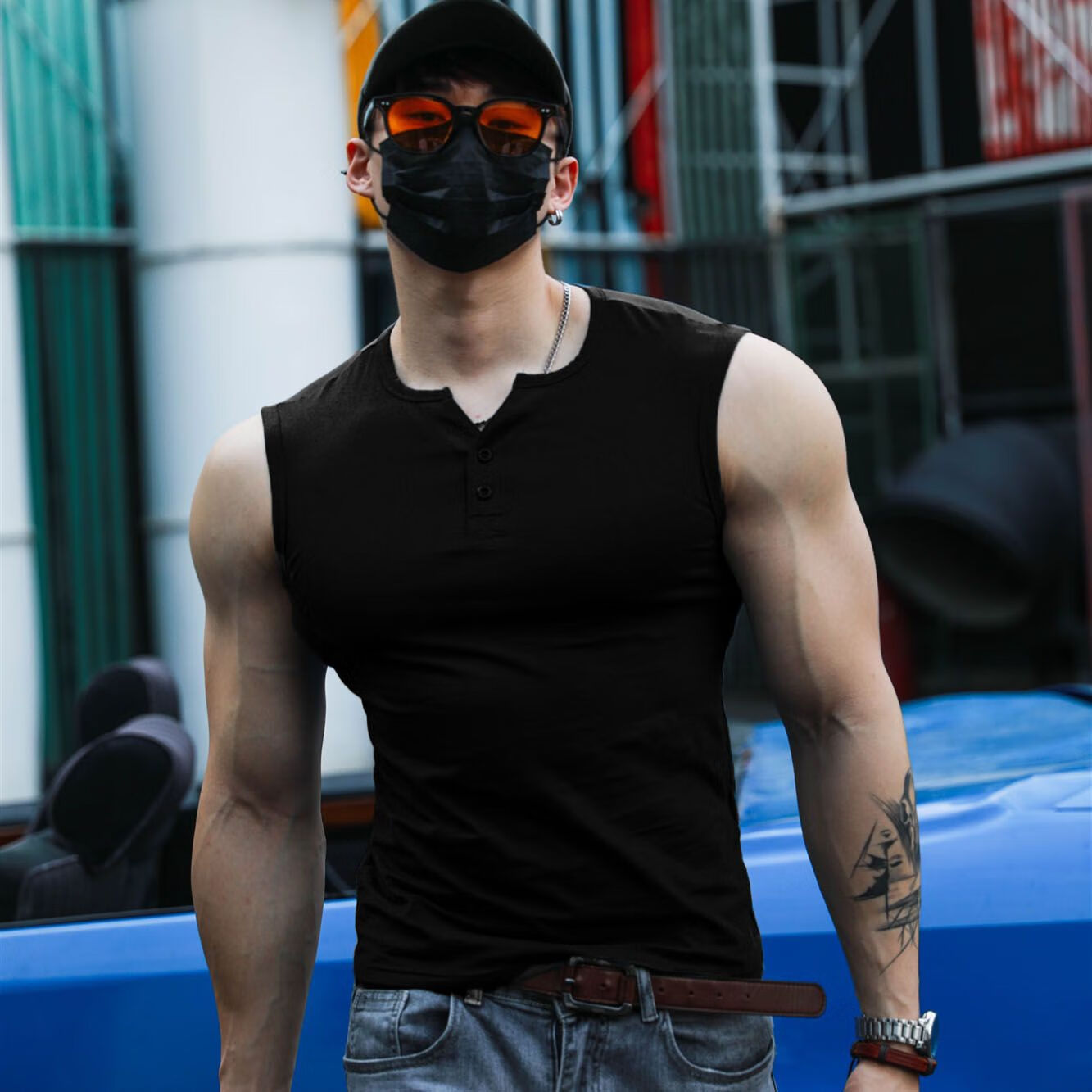 txschif肌肉男健身背心男露背宽肩亨利领无袖t恤速干修身弹力t恤夏季