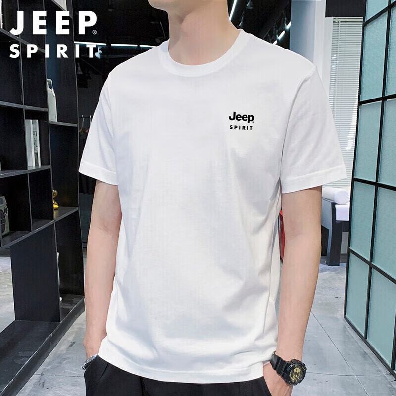 JEEP SPIRIT吉普T恤男夏季纯色短袖男士宽松上衣圆领半袖男装 白色 XL 