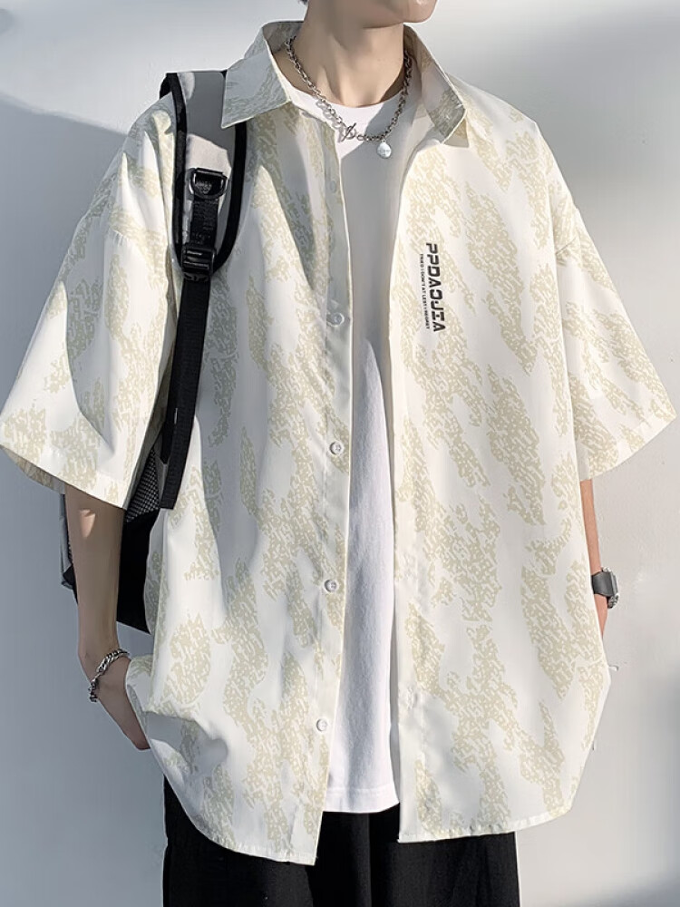 妩纪 短袖衬衫男春季衬衣男生上衣服潮牌潮流春天休闲工装薄款外套男