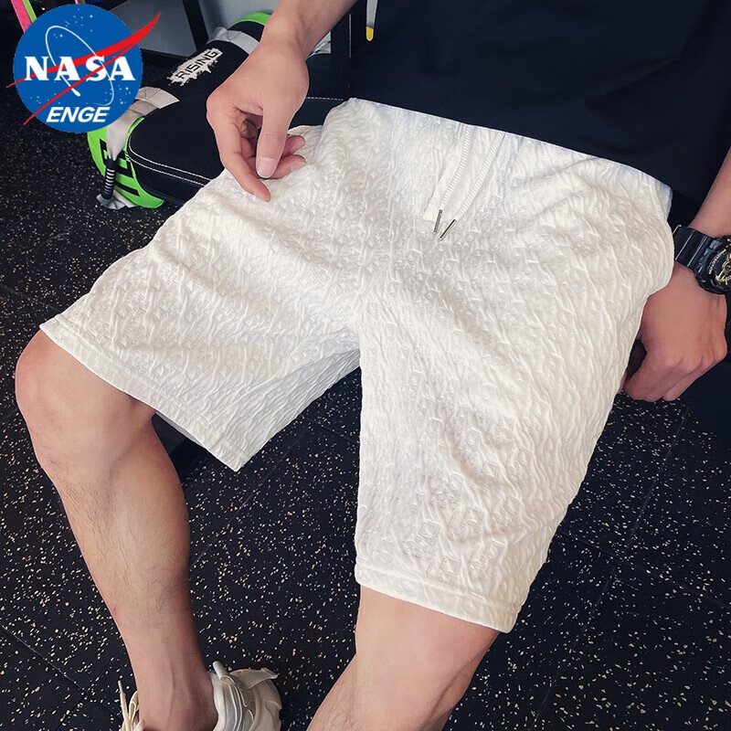 NASA ENGE华夫格短裤男士夏季薄款2023新款潮牌休闲五分男装沙滩中裤子外穿 DK13-白色 3XL
