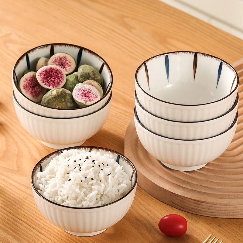 贺川屋 陶瓷碗釉下彩4.5英寸米饭碗日式创意面碗6只微波炉可用 优雅线条