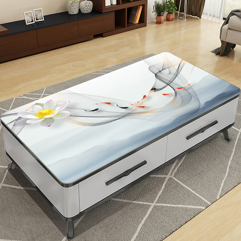 简约长方形防水防油免洗软塑料客厅茶几台布电视柜餐桌垫 烟雾荷花 70