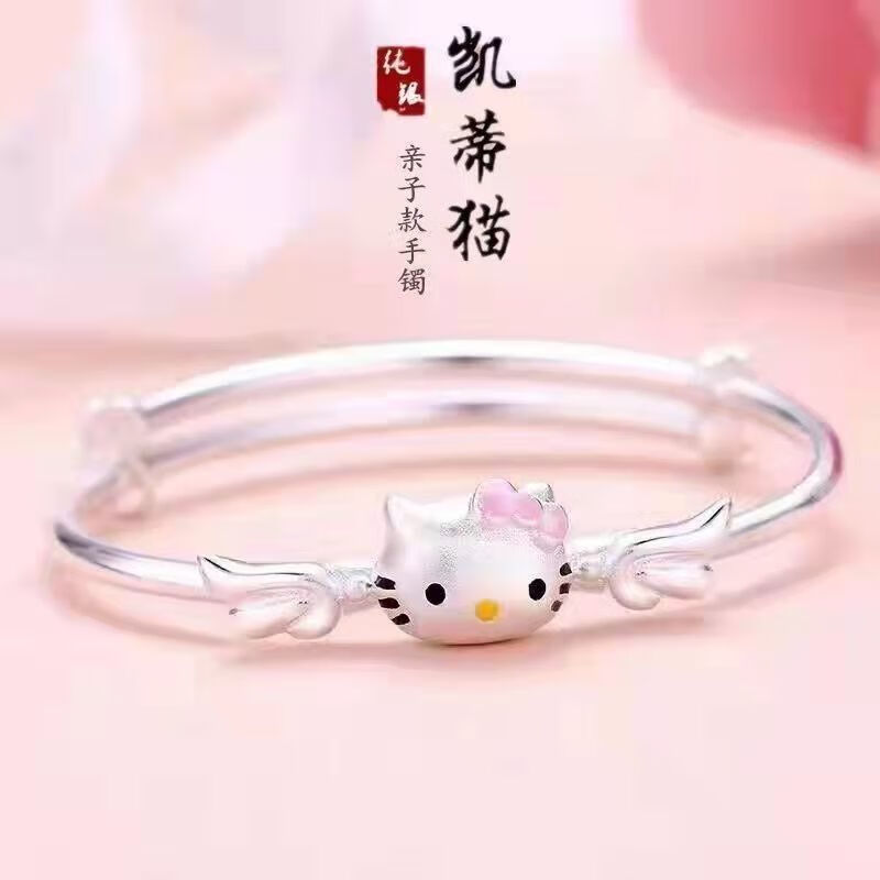 兴颖新款银卡通猫手镯纯女哈喽kt机器猫蝴蝶结足银镯子送小孩子儿童节