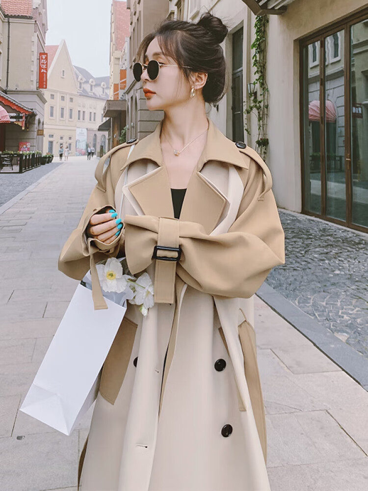 风衣女中长款春秋2022年新款今年流行感撞色拼接过膝大衣外套 图片色