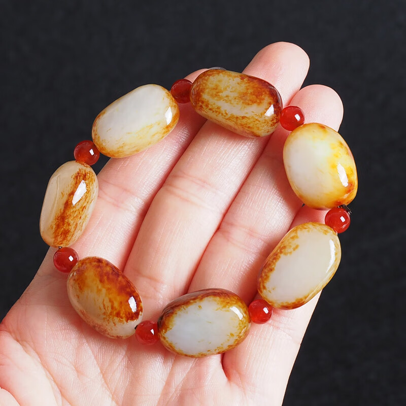 烨誉新疆和田玉手链籽料原石红沁皮手串男女款玉石珠宝白籽玉鉴定