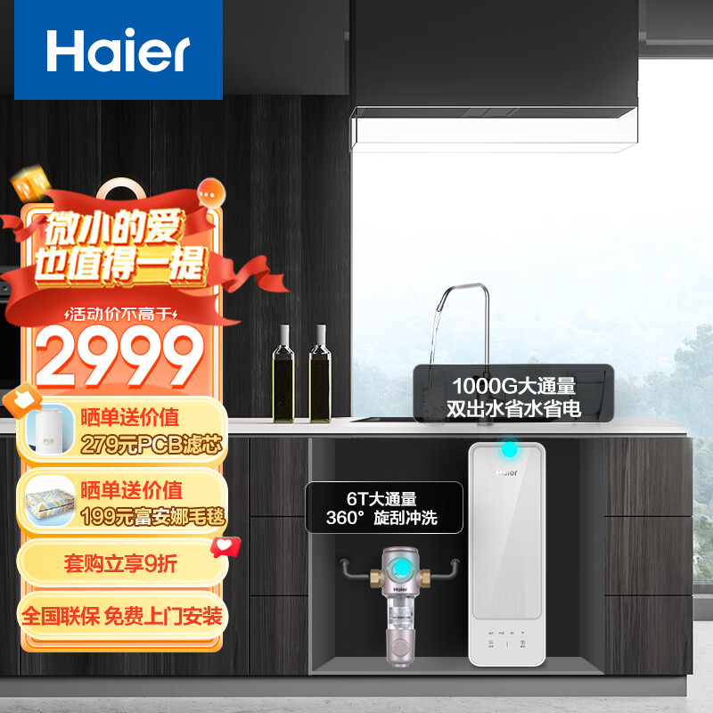 海尔（Haier）自然湃家用净水器1000G 厨下RO反渗透过滤 双出水无双酚A套装 HRO10H88-2U1+HPF-37