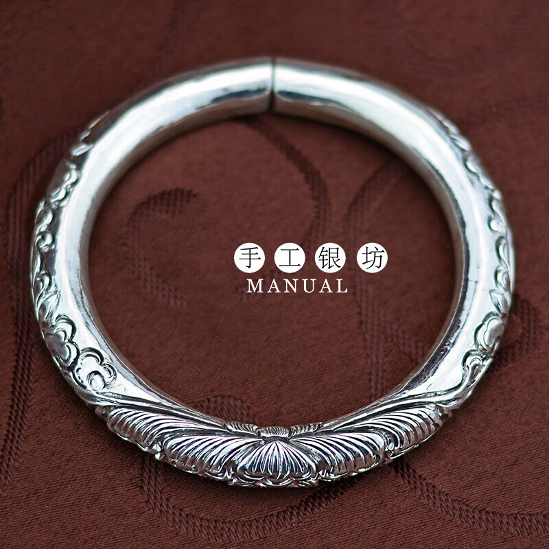 帛灵 云南新华村s999雪花银传家宝银饰 国色天香大牡丹银手镯定制款