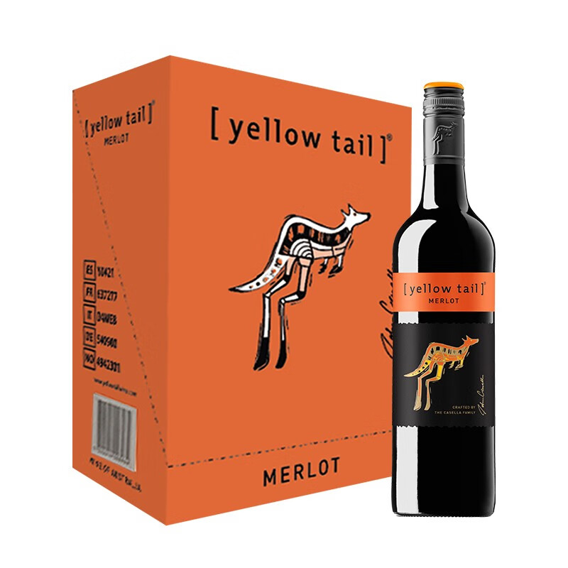 黄尾袋鼠（Yellow Tail）梅洛红葡萄酒 750ml*6瓶 整箱装 澳大利亚进口