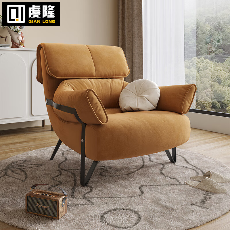 单人沙发椅客厅卧室设计师休闲椅麂皮绒软靠简约懒人老虎椅 橙棕色 单