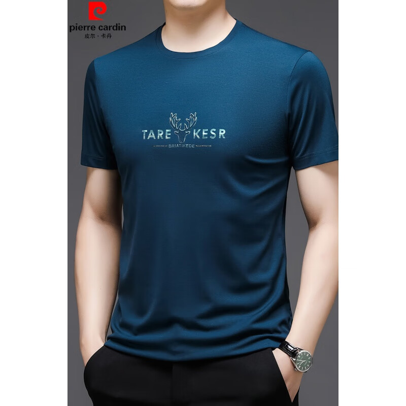 皮尔卡丹（pierre cardin）桑蚕丝短袖男士T恤夏季半袖薄款圆领大码冰 丝体恤打底衫 上青标准尺码 813 190/130码