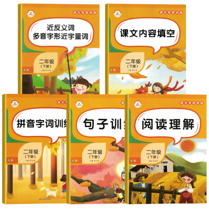 全套5本 小学语文专项训练二年级下册：拼音字词训练+课文内容填空+句子训练+阅读理解+反义词量词多音字同音字形近字