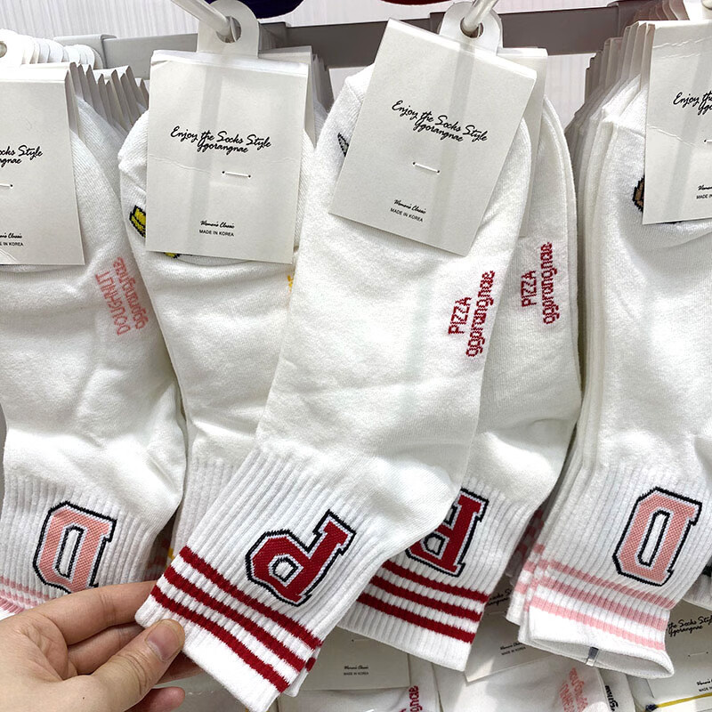 日本韩国女士品牌夏纯棉袜子螺纹英文字母杨幂同款白中筒潮ck 红字母p
