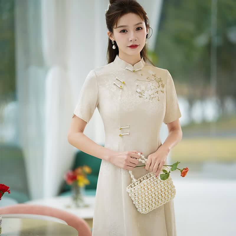 秀觀唐秀观唐米兰2023春夏新款醋酸短袖复古绣花日常A摆改良旗袍连衣裙 米色 M使用感如何?