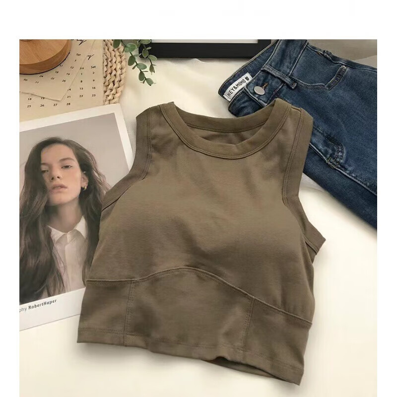 邦菲爾韓版辣妹純棉吊帶美背一體式固定杯裹胸外穿打底抹胸背心內(nèi) 軍綠色 均碼 (80-140斤)