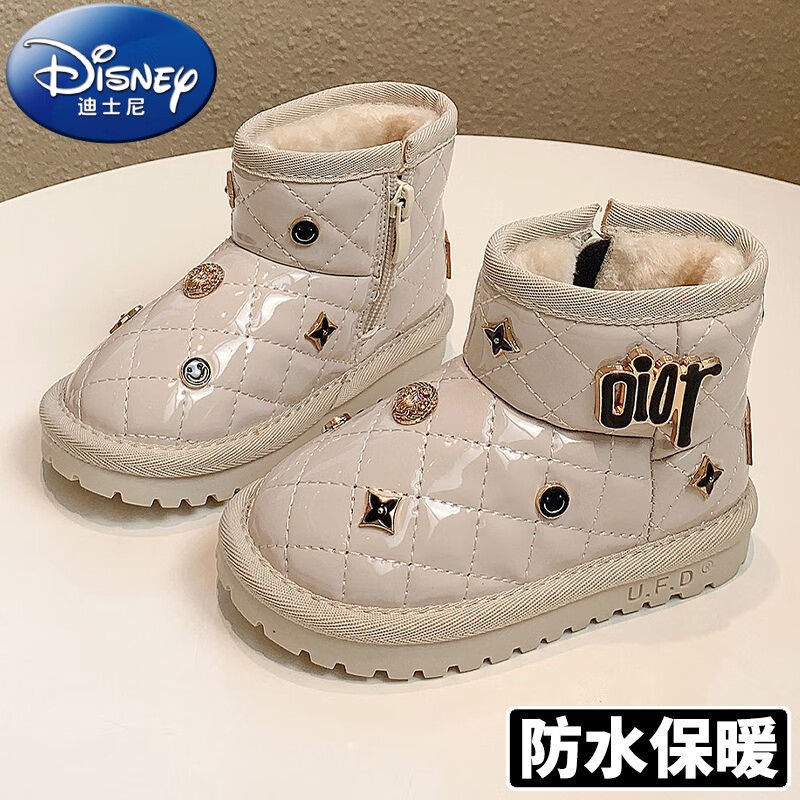 迪士尼同款1-3-6-12岁铆钉防水防滑女宝雪地靴儿童面包鞋女童棉鞋冬加