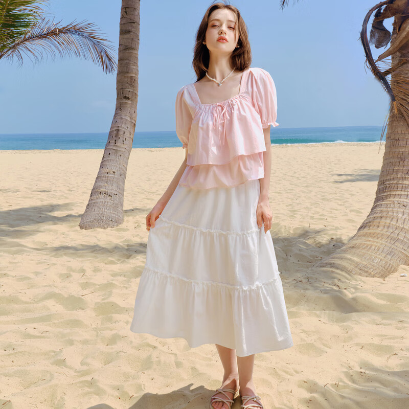 乐町韩系少女感双层甜美A版雪纺衫夏季新款好看领口绑带上衣 粉色（现货） M